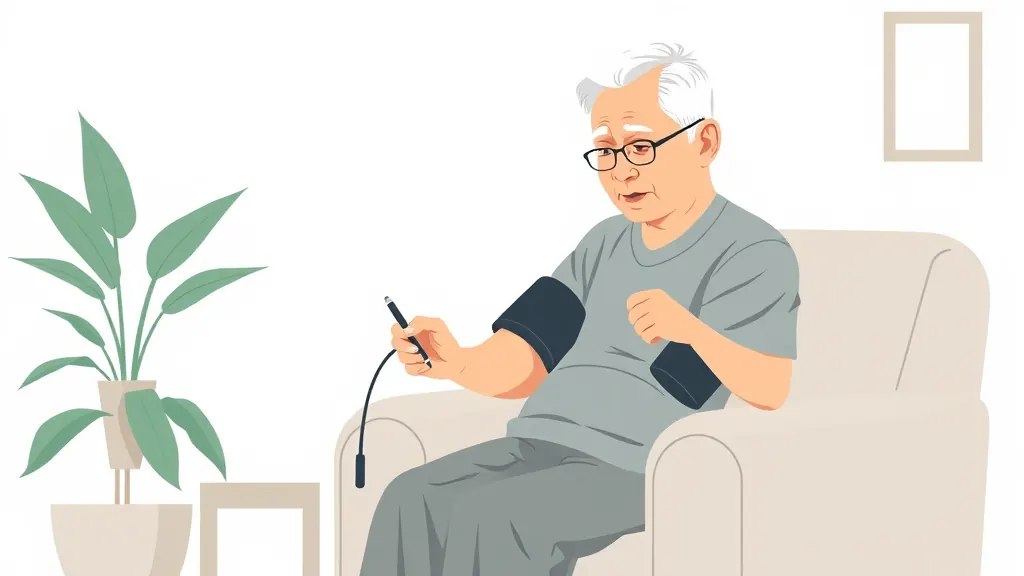ชายสูงอายุนั่งบนโซฟาวัดความดันโลหิตด้วยเครื่องวัดแบบรัดต้นแขน