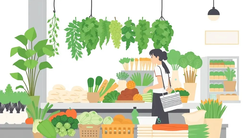 แผงผักสดและอาหารปรุงสุกในตลาด มีคนกำลังเลือกซื้อ