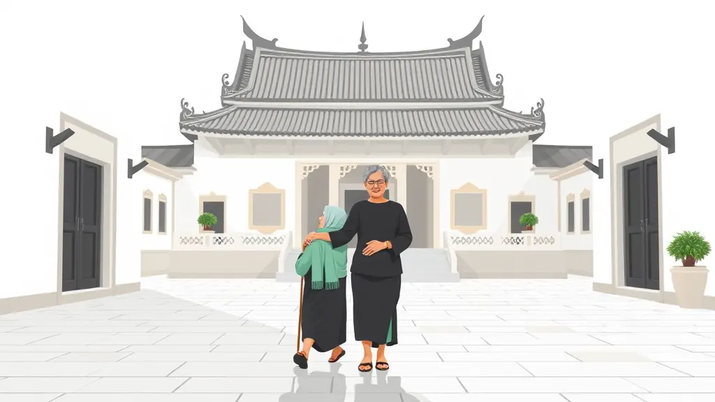 หญิงสูงอายุเดินเคียงข้างเด็กในลานวัดตอนเช้า